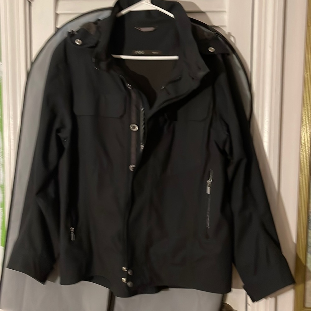 Nau utility coat, M, lots pockets incl. on back, front zipper<outer buttons.
